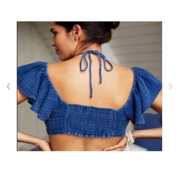 Anthropologie THE JERRY CINCHED Crop TOP Ruffled Cap Sleeve in Blue - Picture 4 of 7